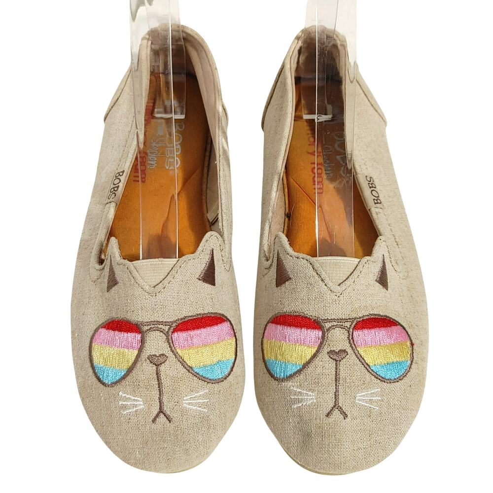 Skechers BOBS Memory Foam Tan Fabric Cats Glasses Slip On Flat Shoes Women US 6